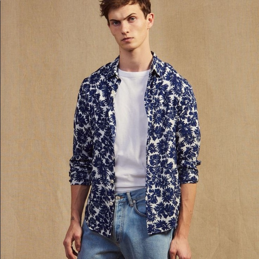 SANDRO Floral Blue & White Slim Fit Shirt